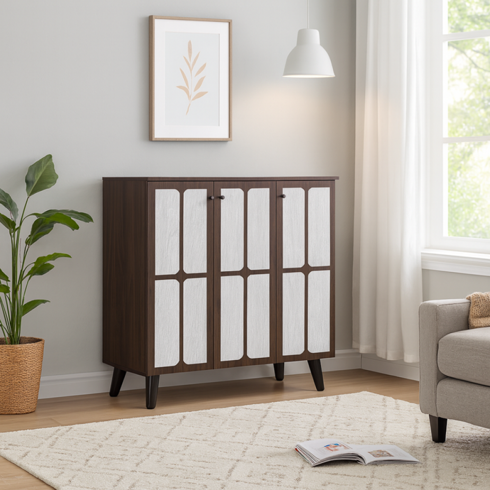 خزانة أحذية خشب صلب بثلاثة أبواب – لون بني – مساحة تخزين عملية