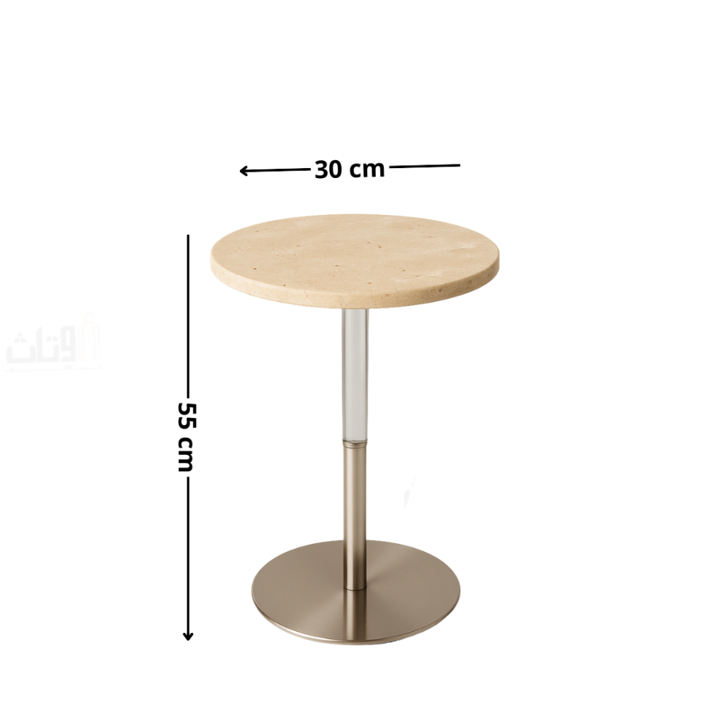 طاولة جانبية مستديرة بسطح ترافنتين وقاعدة استيل فضي أنيقة