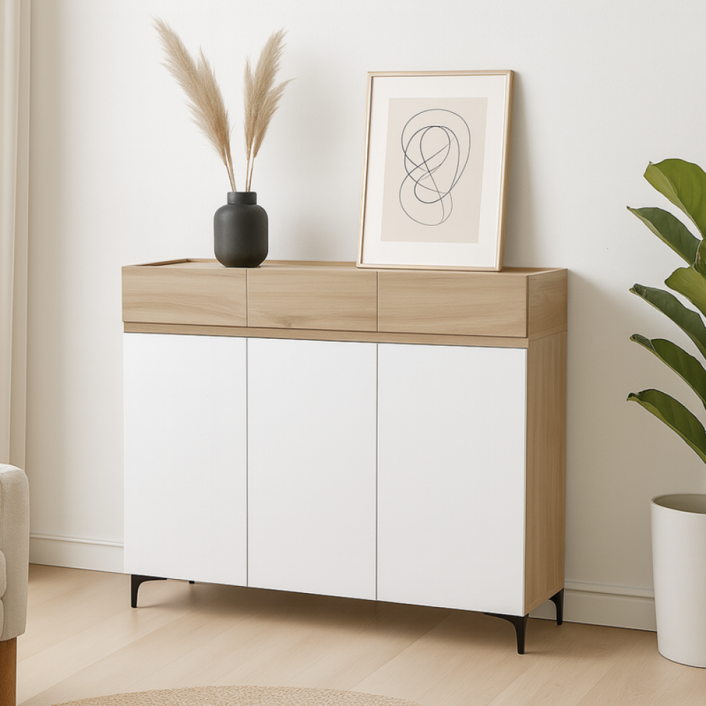 دولاب أحذية خشب صلب بثلاثة أبواب بلون بيج وأبيض