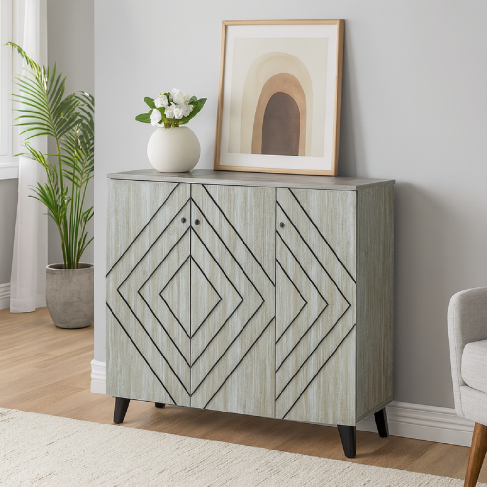 دولاب أحذية خشب صلب بثلاثة أبواب باللون الرمادي