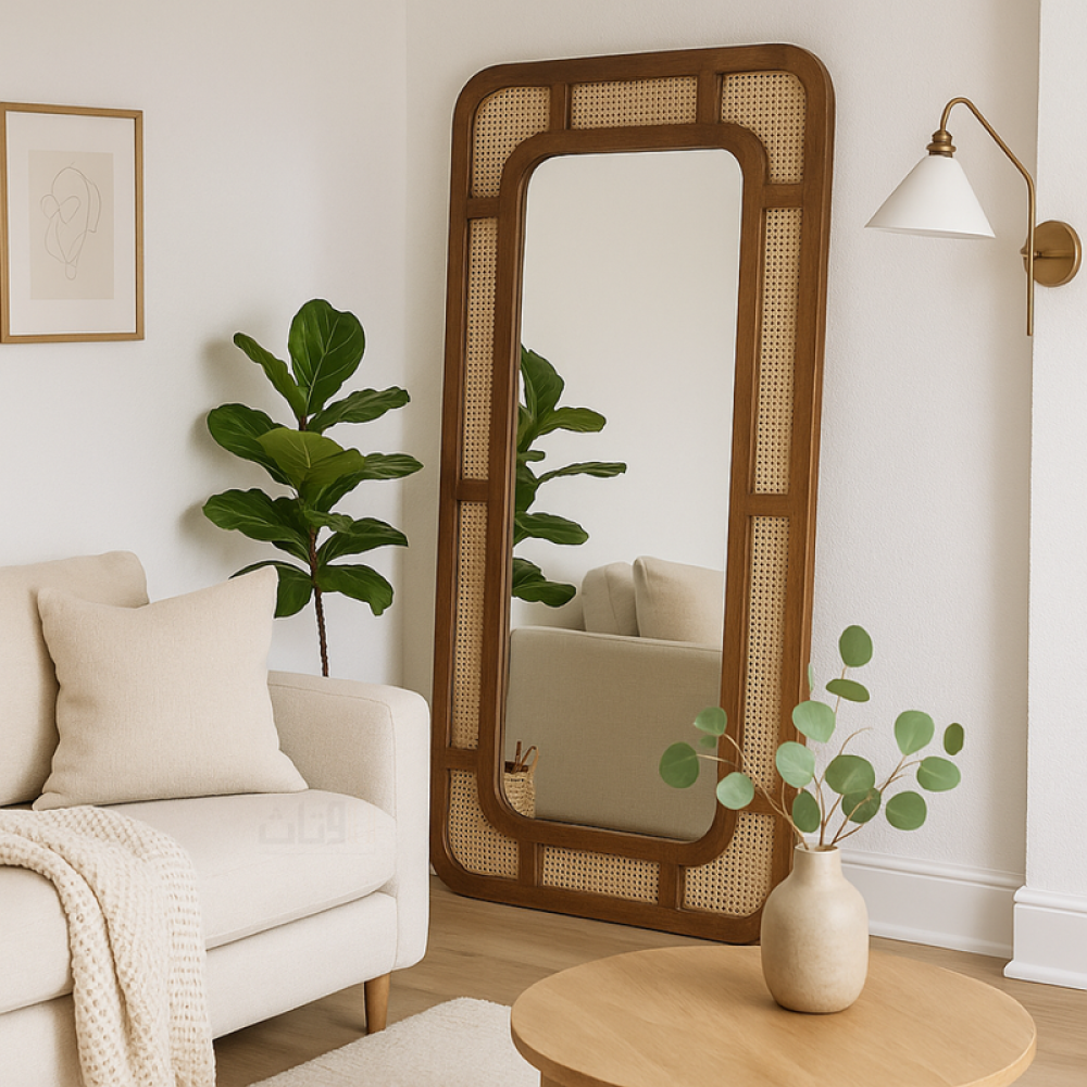 مرآة حائط مستطيلة بإطار خشبي بني متين تطريز هندي