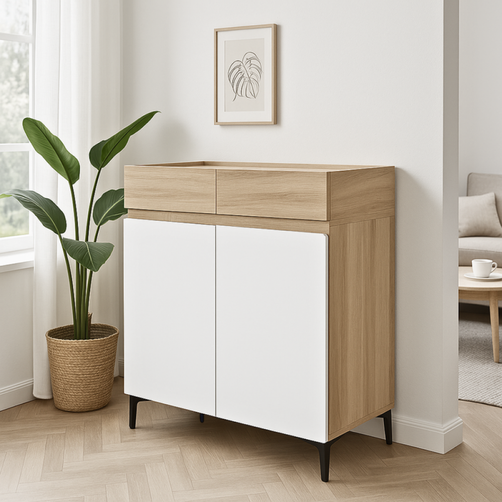 دولاب أحذية خشب صلب ببابين بلون بيج وأبيض