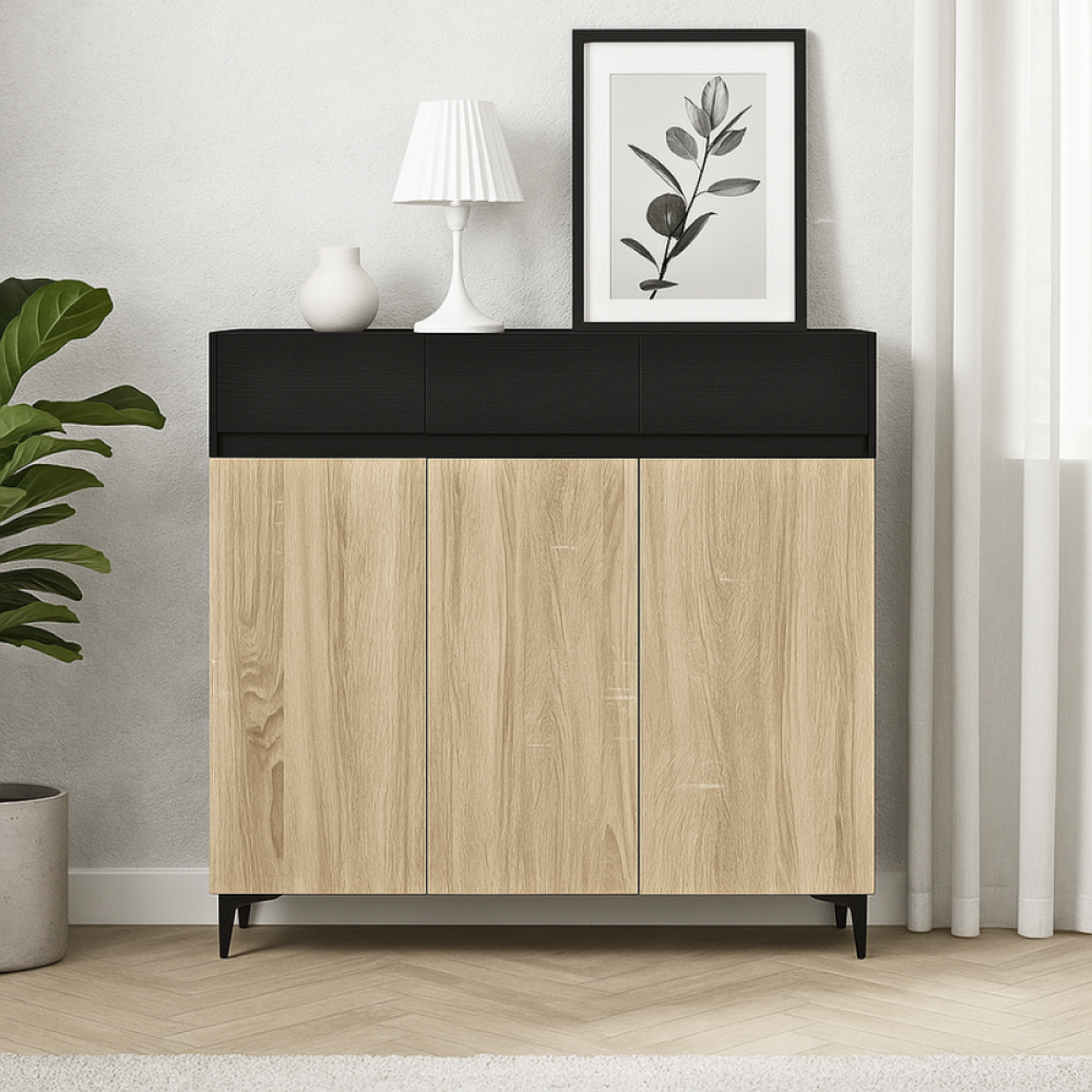 دولاب أحذية خشب صلب بثلاثة أبواب بلون أسود وبيج