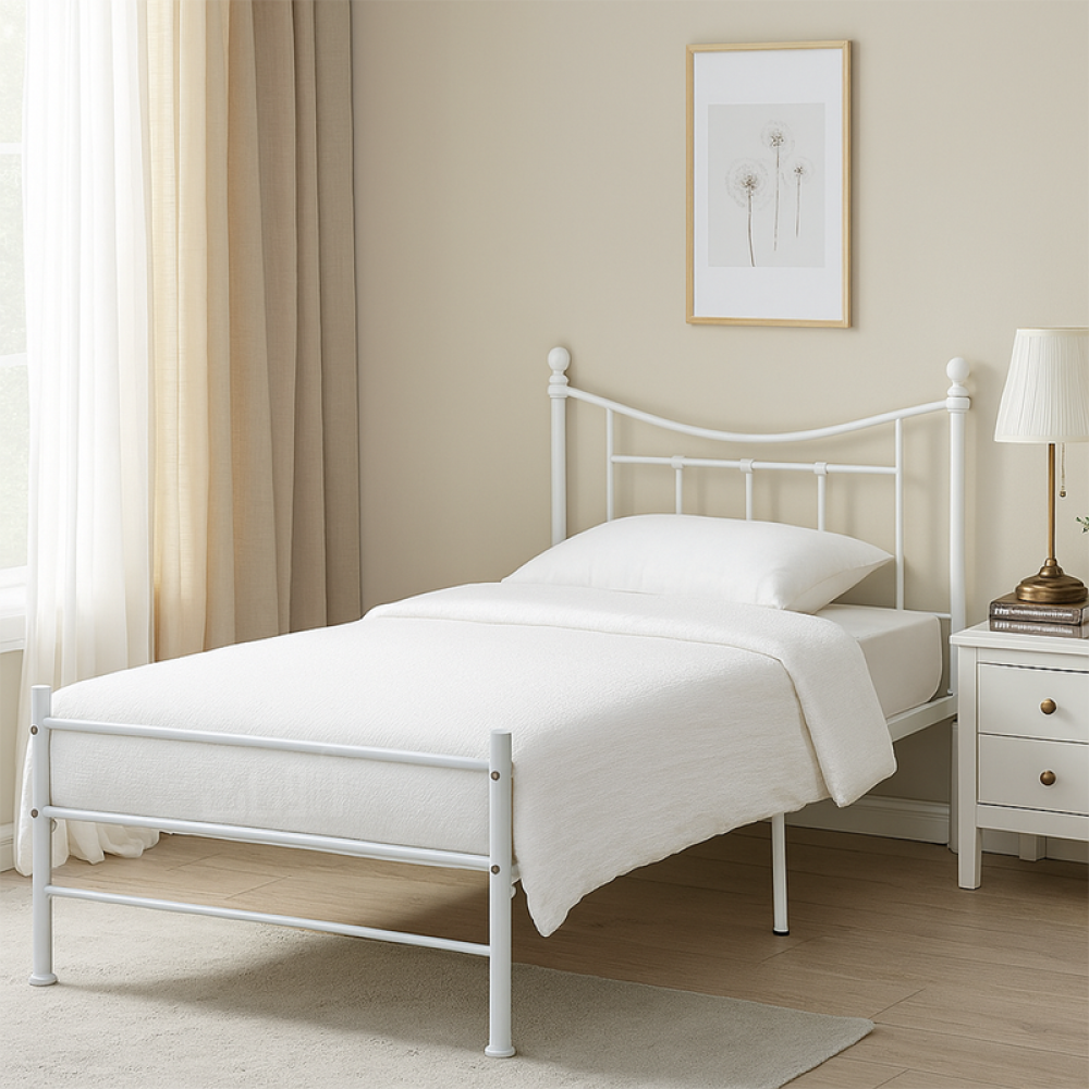 سرير معدني فردي أنيق باللون الأبيض