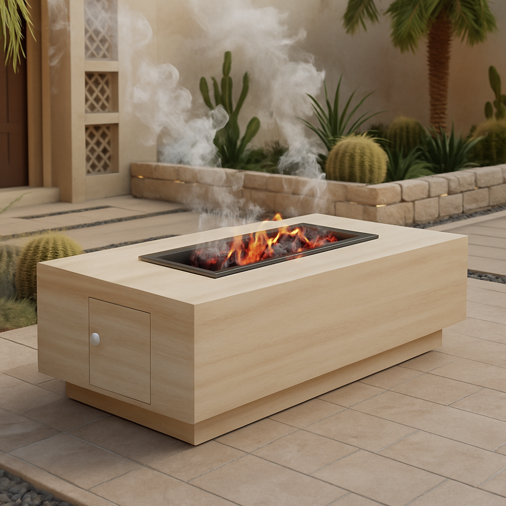 موقد نار مستطيلة بدرج تخزين من الرخام الصناعي بيج