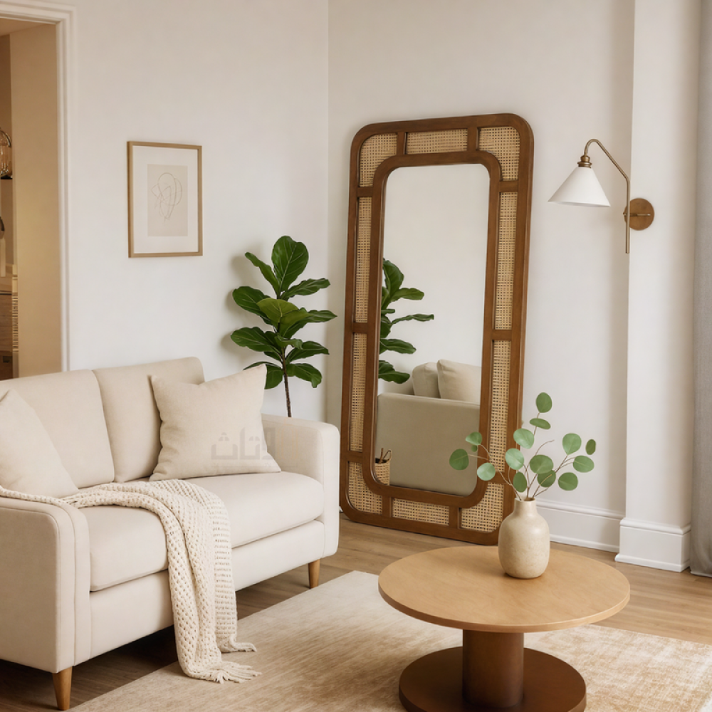 مرآة حائط مستطيلة بإطار خشبي بني متين تطريز هندي