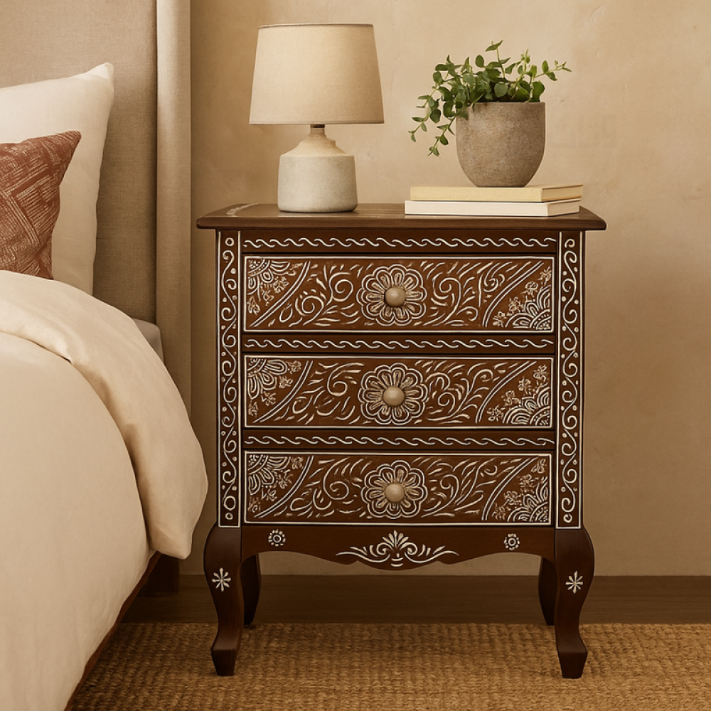 خزانة خشبية بثلاثة أدراج مزينة بنقوش دقيقة بني غامق