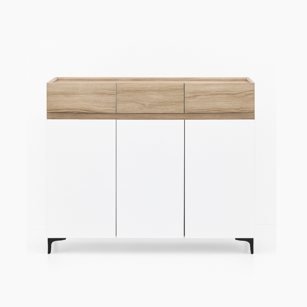 دولاب أحذية خشب صلب بثلاثة أبواب بلون بيج وأبيض