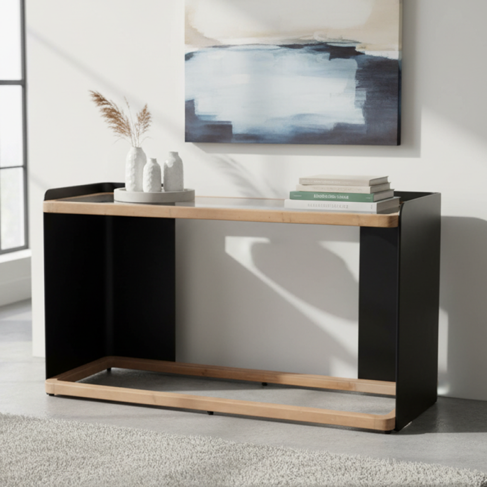 طاولة مدخل زجاجية بإطار معدني بلون بني وأسود