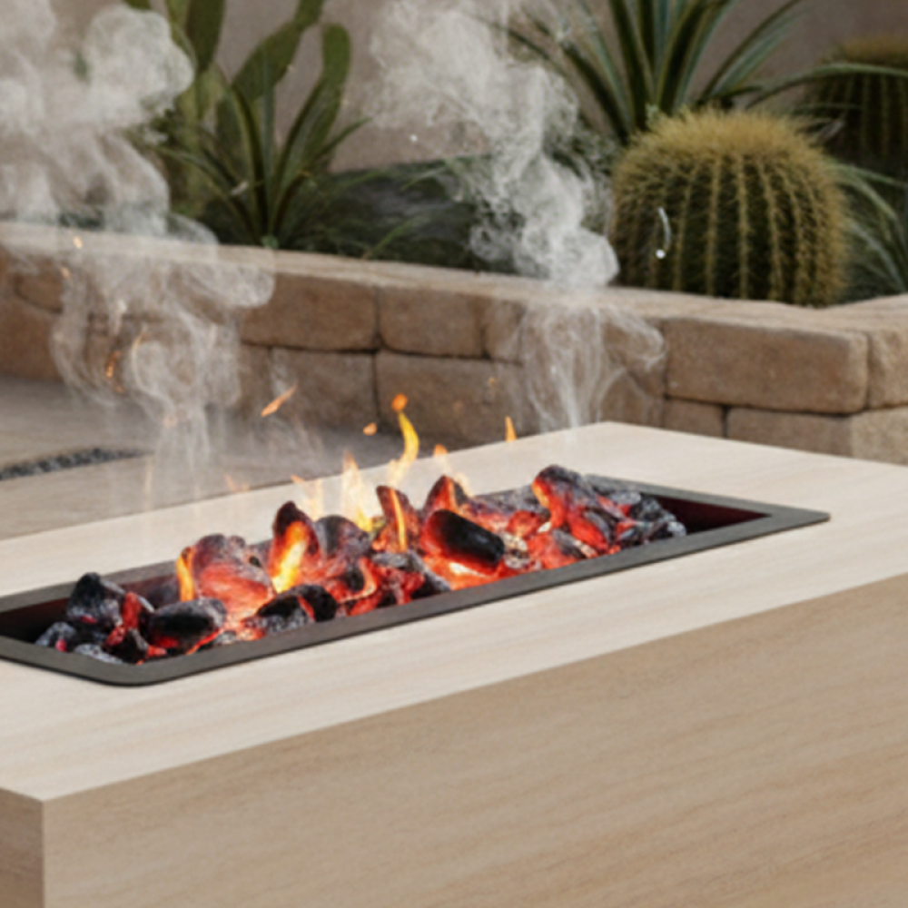 موقد نار مستطيل بدرج تخزين من الرخام الصناعي – بيج