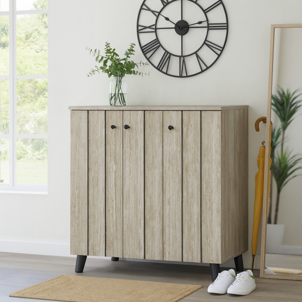 خزانة أحذية خشب صلب بثلاثة أبواب لون رمادي تصميم حديث