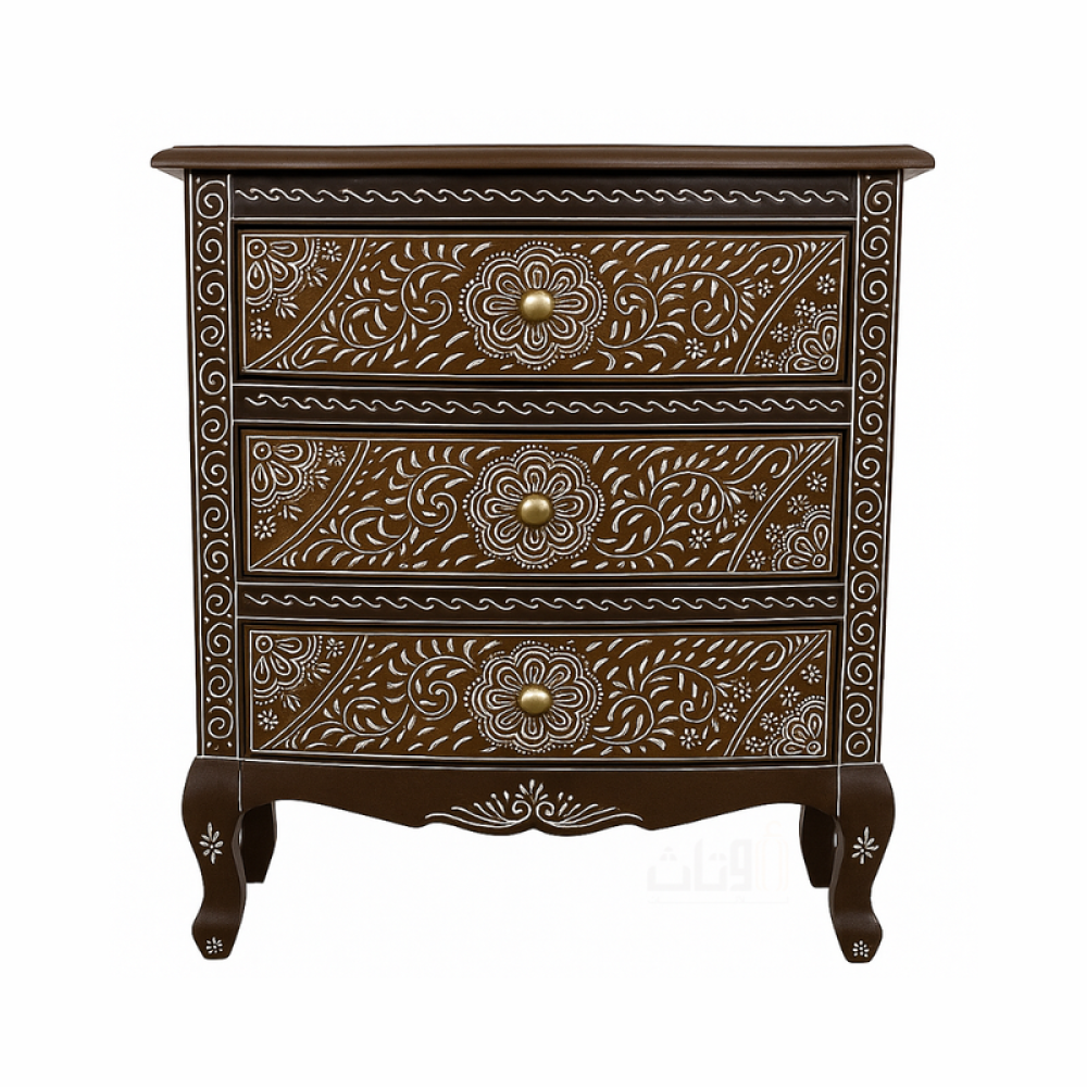 خزانة خشبية بثلاثة أدراج مزينة بنقوش دقيقة-بني غامق