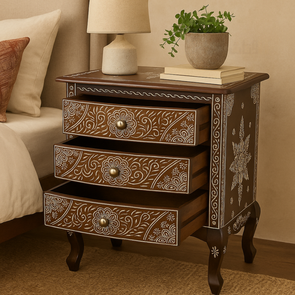 خزانة خشبية بثلاثة أدراج مزينة بنقوش دقيقة-بني غامق