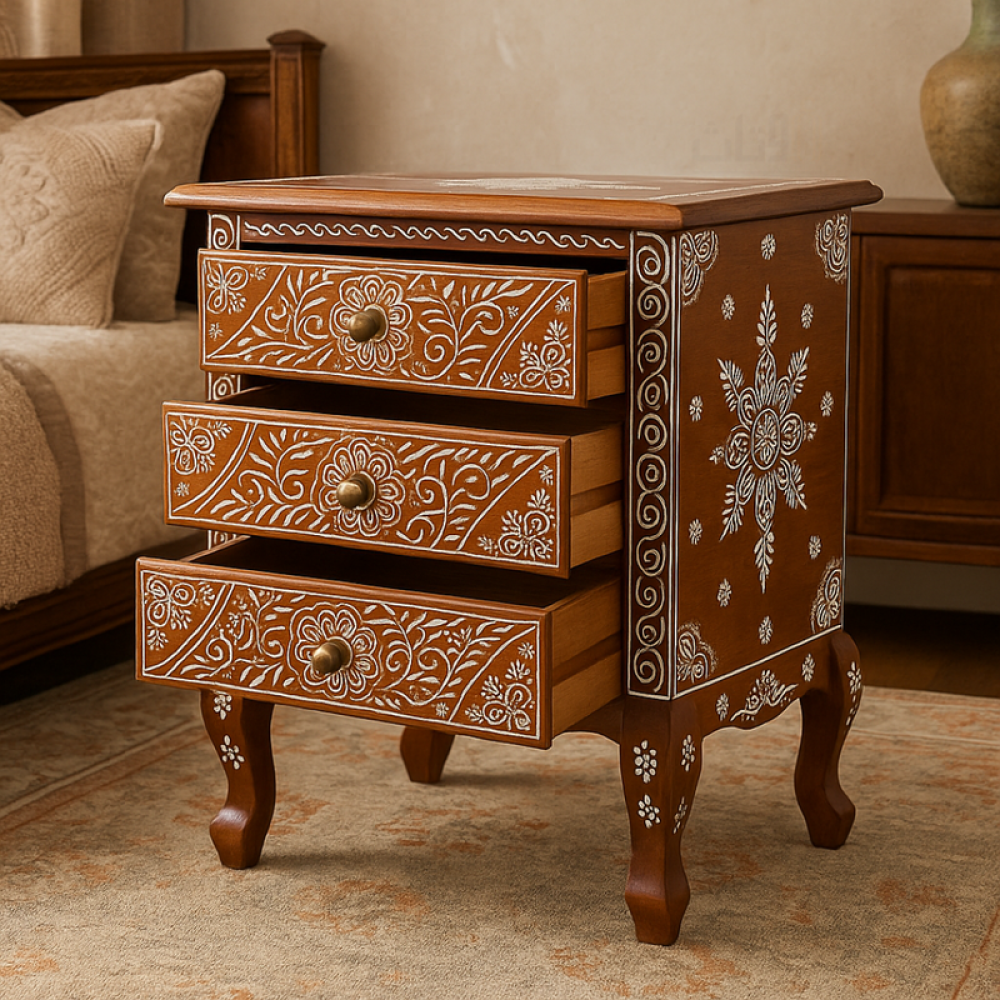 خزانة خشبية بثلاثة أدراج مزينة بنقوش دقيقة-بني