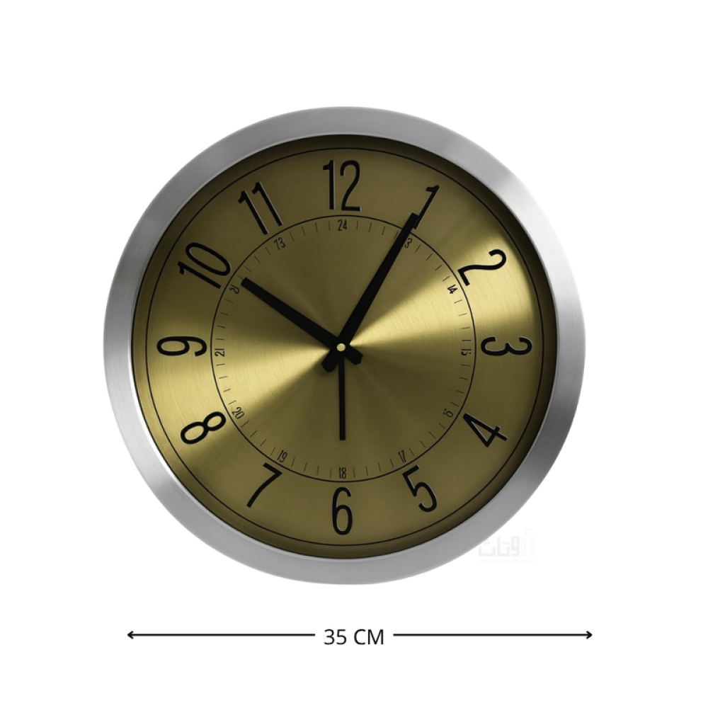 ساعة حائط عصرية بإطار فضي ولمسة ذهبية لامعة