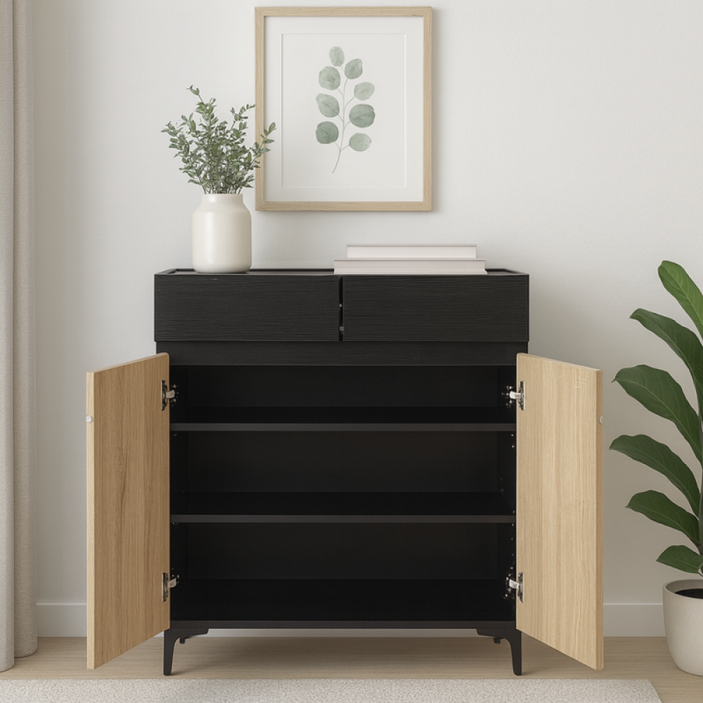 دولاب أحذية خشب صلب بلون أسود وبيج