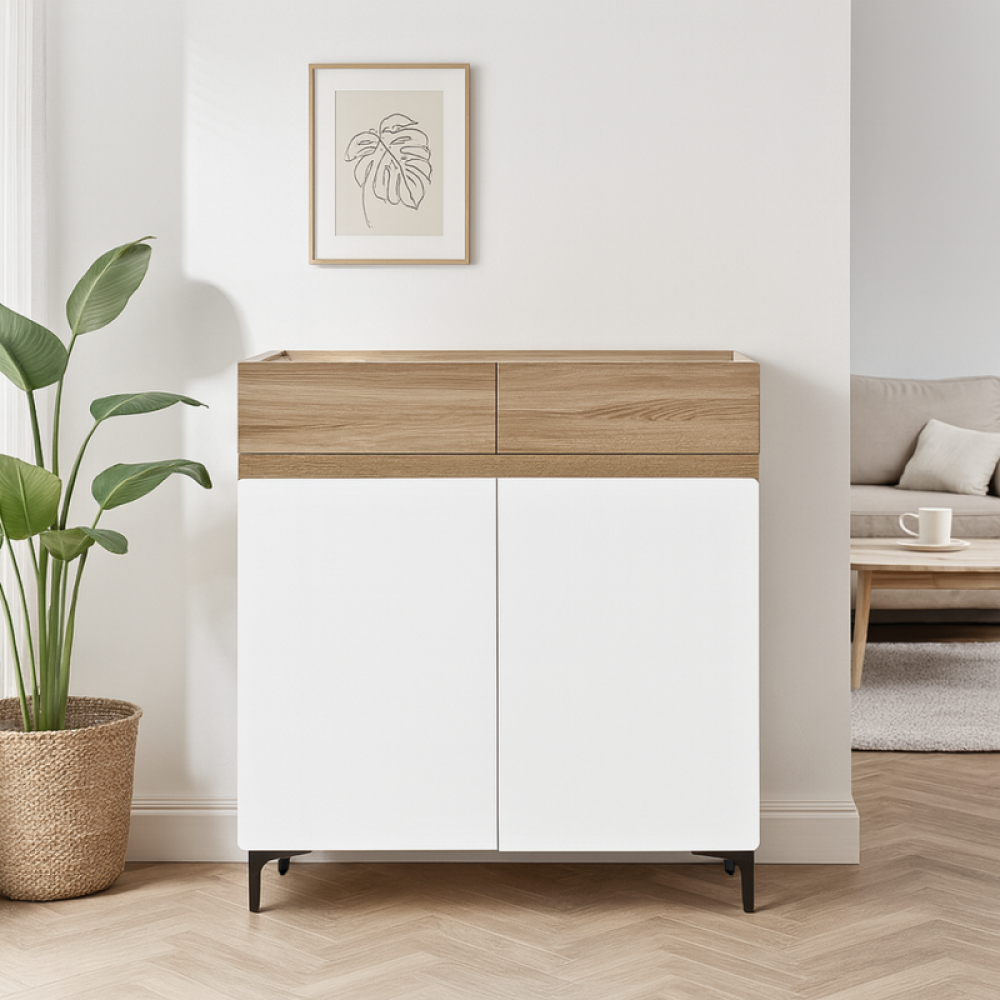 دولاب أحذية خشب صلب ببابين بلون بيج وأبيض