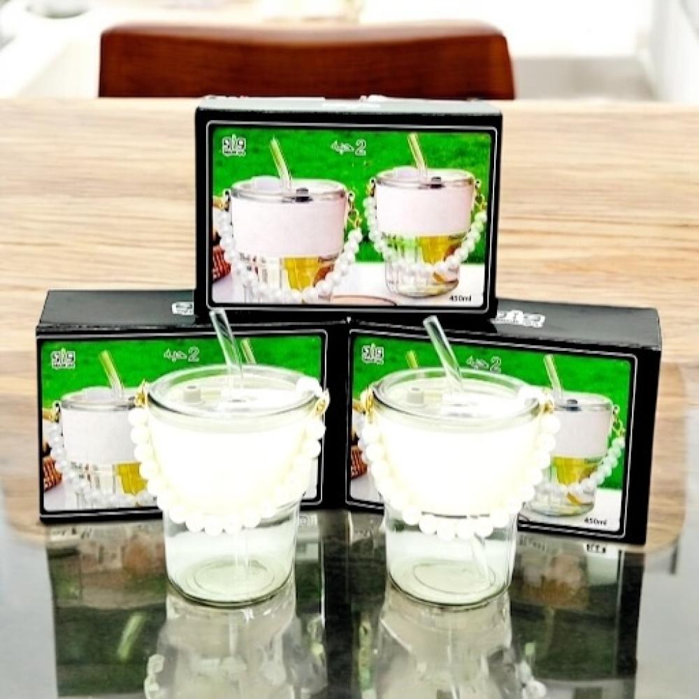 مجموعة (24) من اكواب زجاجية مع غطاء وقشه زجاجية بتصميم عصري مع سلسله لحمل الكوب