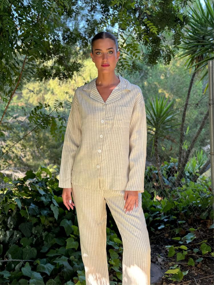 Linen striped long set pyjama Beige