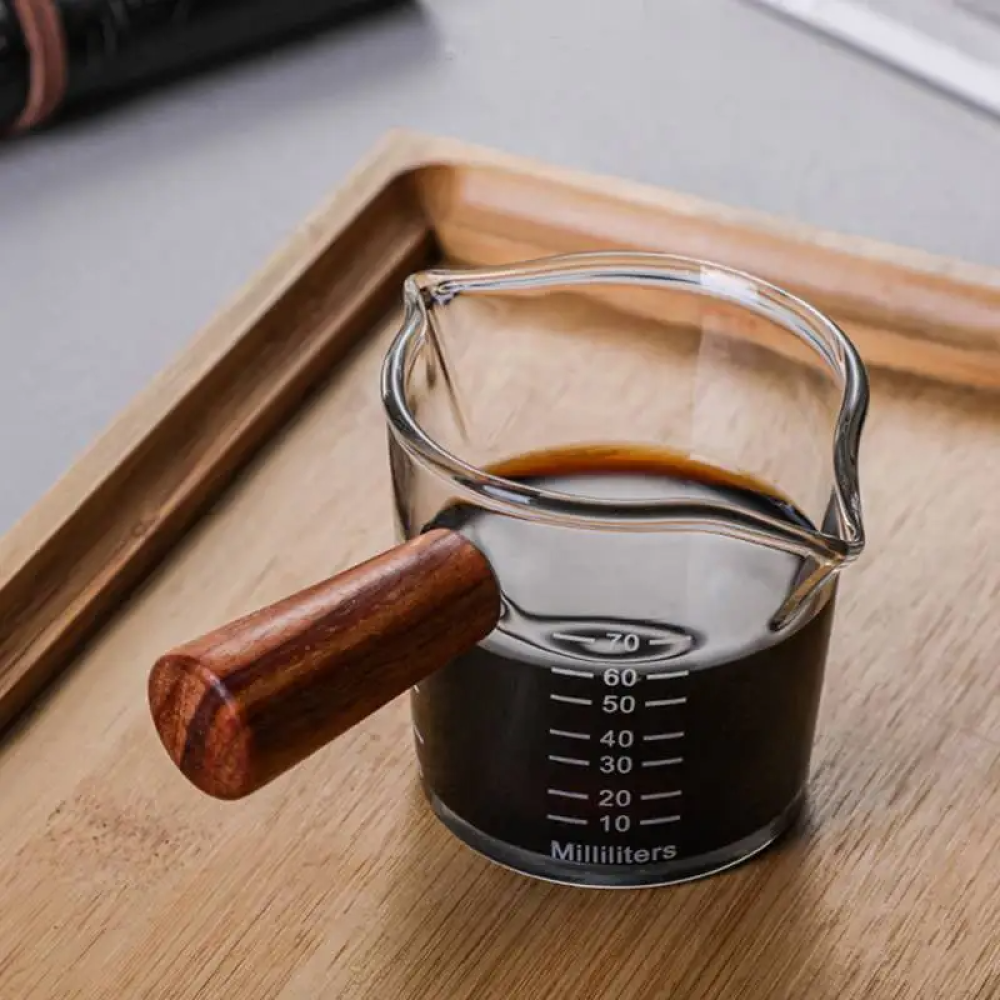 كوب قياس الإسبريسو بمقبض خشبي ، فم مزدوج ومفرد ، إبريق حليب ، مقاوم للحرارة ، زجاج قهوة النار ، أكواب قياس المقياس