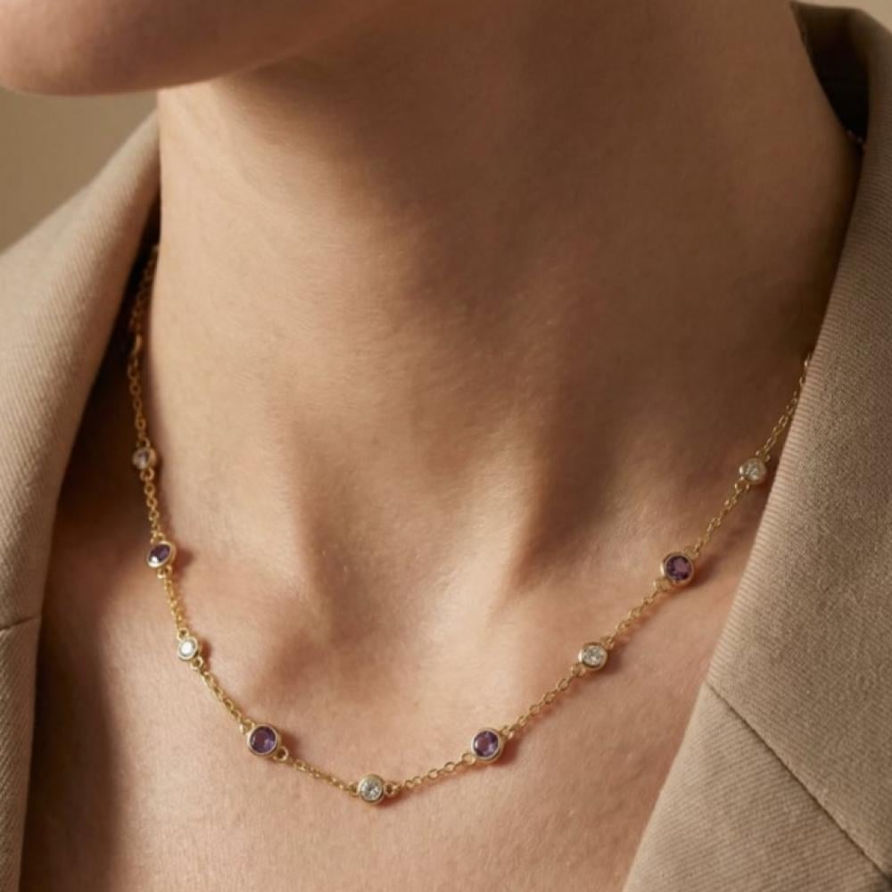 [N042] سلسال مطلي بالذهب مزين بالزركون وحجر الجمشت