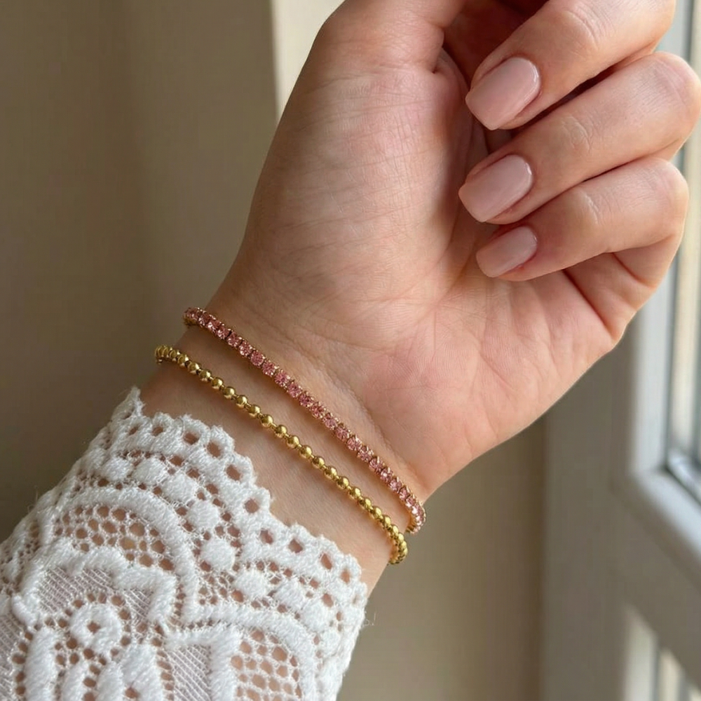 [B035] اسوارة مزدوجة مزينة بالزركون الوردي - ذهبي