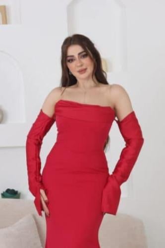 فستان سهرة احمر اكمام خارجية