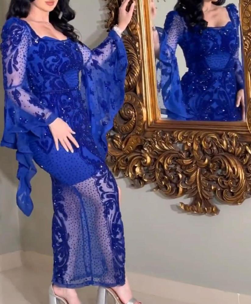 فستان سهره ازرق تل مطرزه كمبيوتر وفصوص