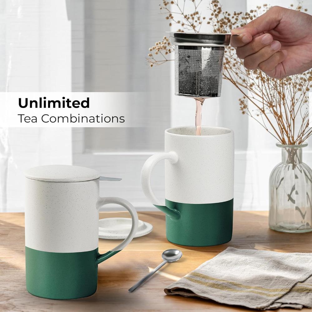 Miamio Tea Mug Set: طقم أكواب شاي سيراميك فاخر سعة 2 × 500 مل (أخضر داكن)