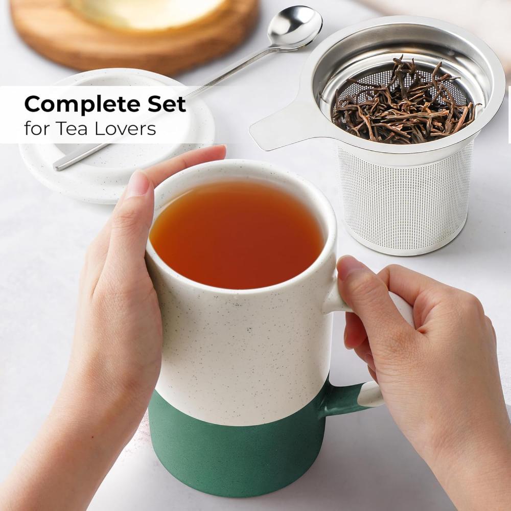 Miamio Tea Mug Set: طقم أكواب شاي سيراميك فاخر سعة 2 × 500 مل (أخضر داكن)
