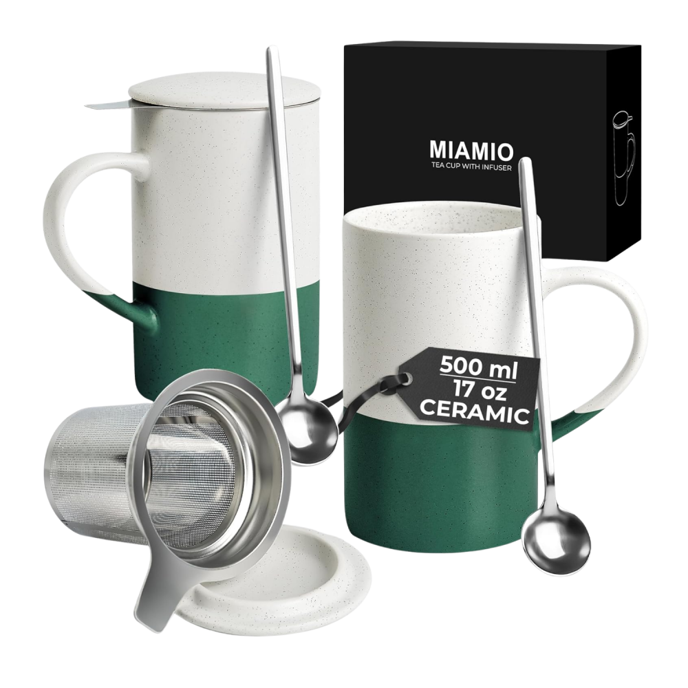 Miamio Tea Mug Set: طقم أكواب شاي سيراميك فاخر سعة 2 × 500 مل (أخضر داكن)