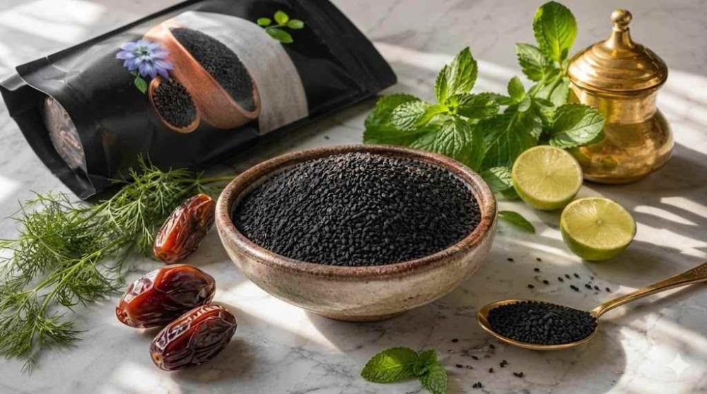 صورة علوية لمنتج الحبة السوداء الأصلية من مصنع الحصان في وعاء مع التمر