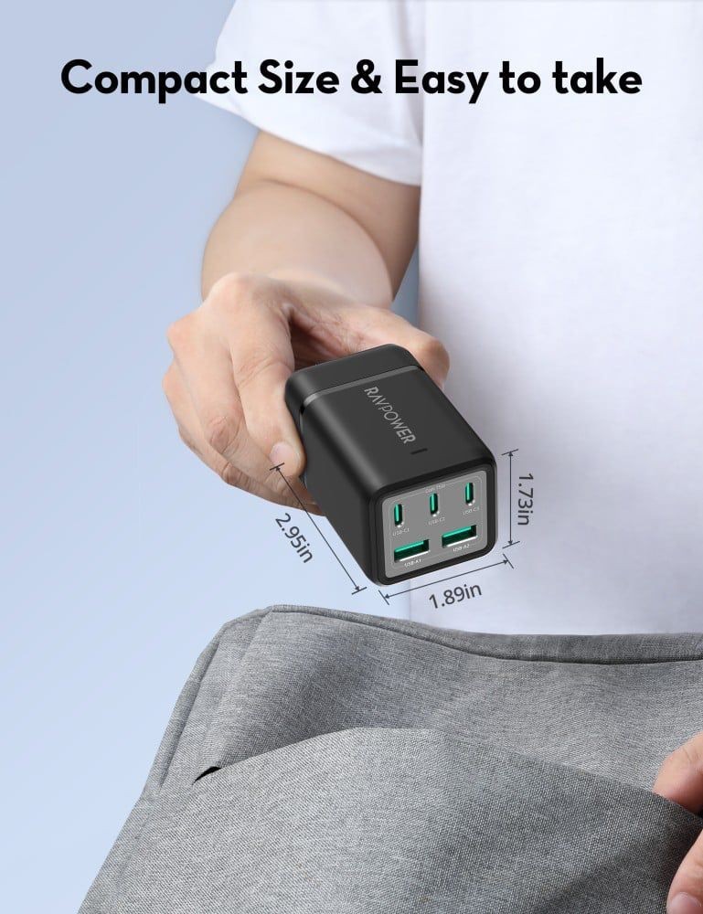 منصة شحن راف باور ثلاث منافذ تايب سي ومنفذين USB-A بقوة 75 واط - اسود