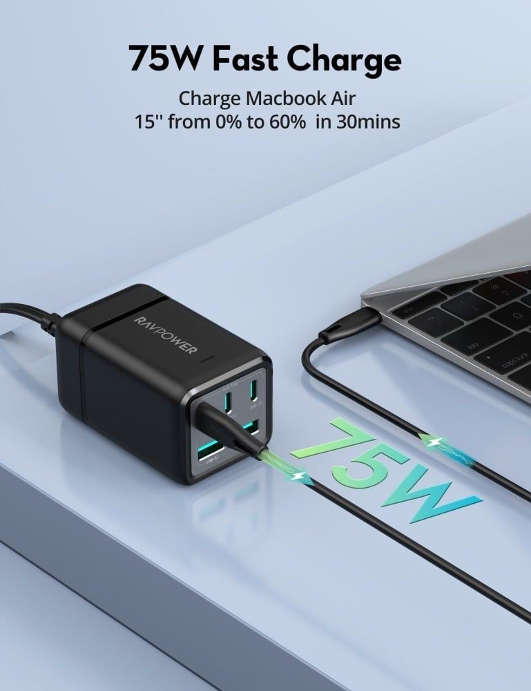 منصة شحن راف باور ثلاث منافذ تايب سي ومنفذين USB-A بقوة 75 واط - اسود