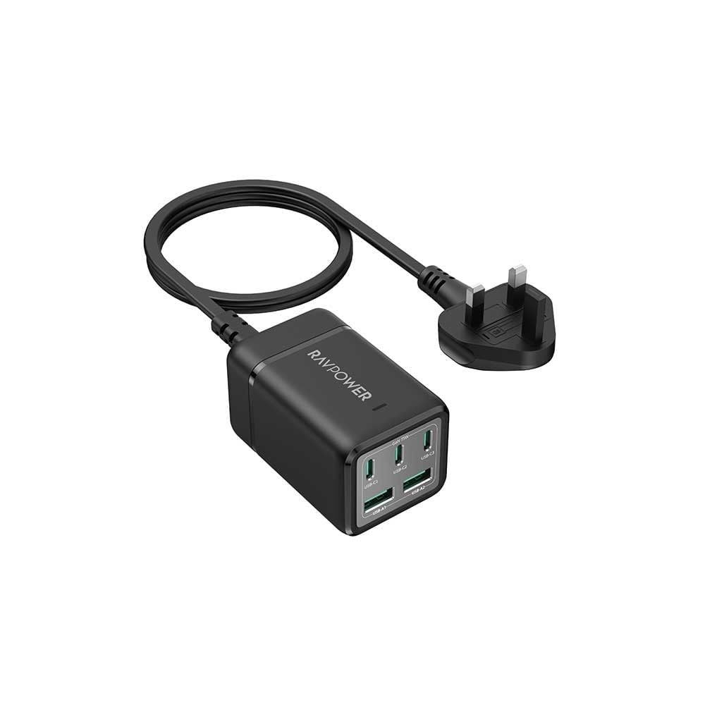 منصة شحن راف باور ثلاث منافذ تايب سي ومنفذين USB-A بقوة 75 واط - اسود