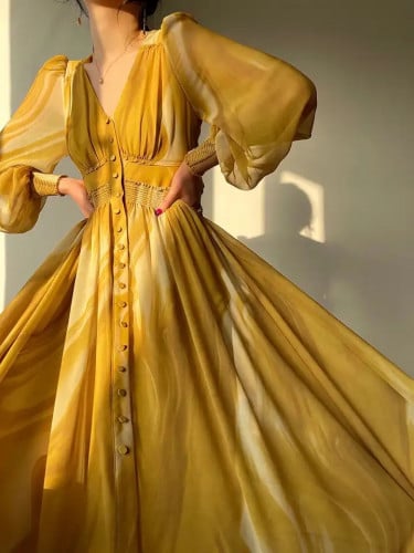 فستان انيق ستايل فرنسي مزين بازارير واكمام واسعة