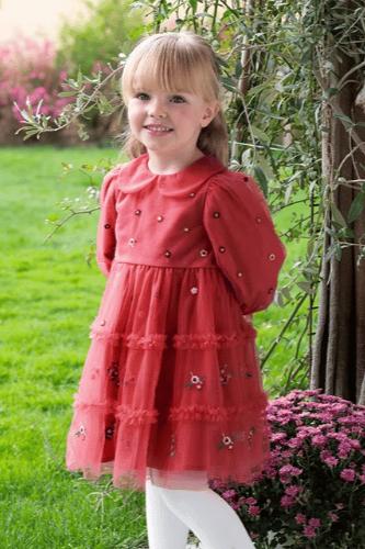 فستان ديف بيلا الأميرة للأطفال | أحمر مطرز بالأزهار