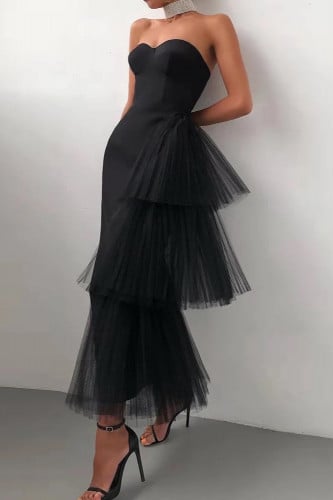 فستان مخصر مزين بالتل