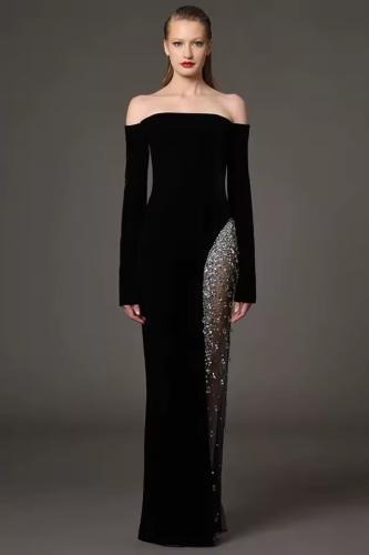 فستان سهرة نسائي طويل مطرز بالكريستال