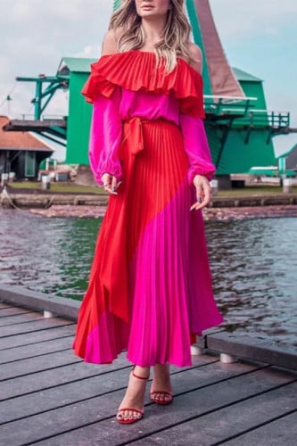 فستان مكسر فوشي بأحمر