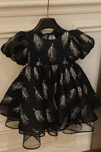 فستان توتو ذهبي بأكمام منفوخة للأطفال 1-12 سنة