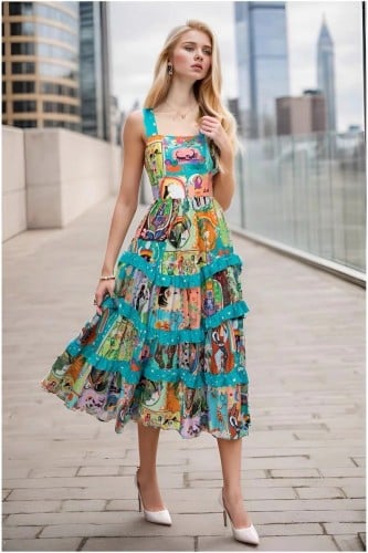 فستان برسومات كرتونية للحفلات بدون بأكمام