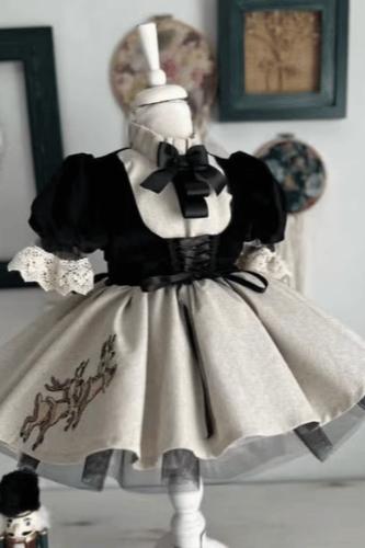 فستان تركي أسود للأطفال بتطريز الغزال