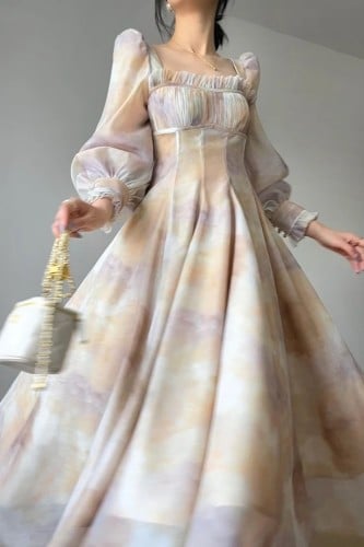 فستان ميدي نسائي بياقة مربعة وأكمام طوبله