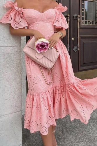 فستان ميدي تطريز مفرغ متعدد الالوان