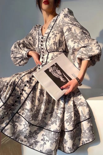 فستان قصير مشجر باكمام بف