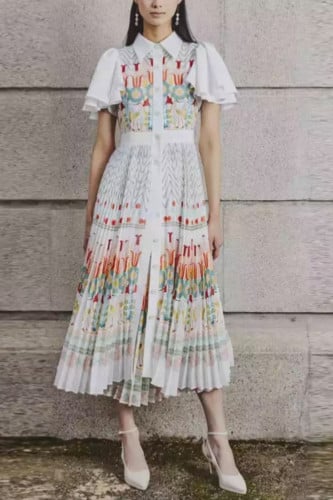 فستان طباعة مكسر باكمام مكشكشة