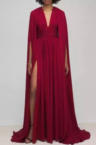 فستان طويل من الشيفون باكمام مفتوحة