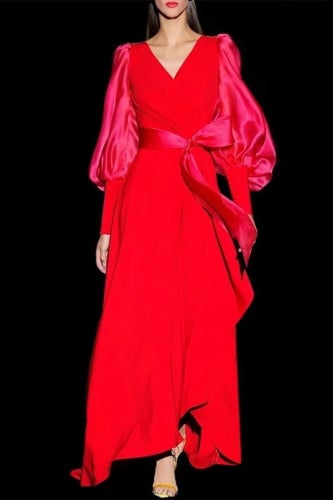 فستان طويل احمر بفوشي اكمام بف