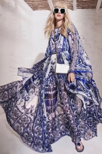 فستان طويل طباعة ازرق باكمام واسعة